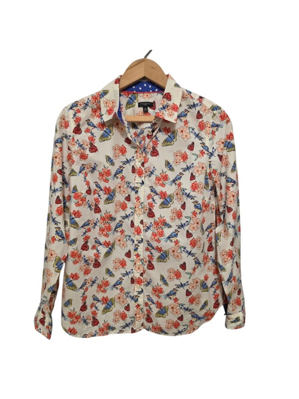 Talbots Petite 10P Cotton Floral Bird Butterfly Button Down Blouse Shirt